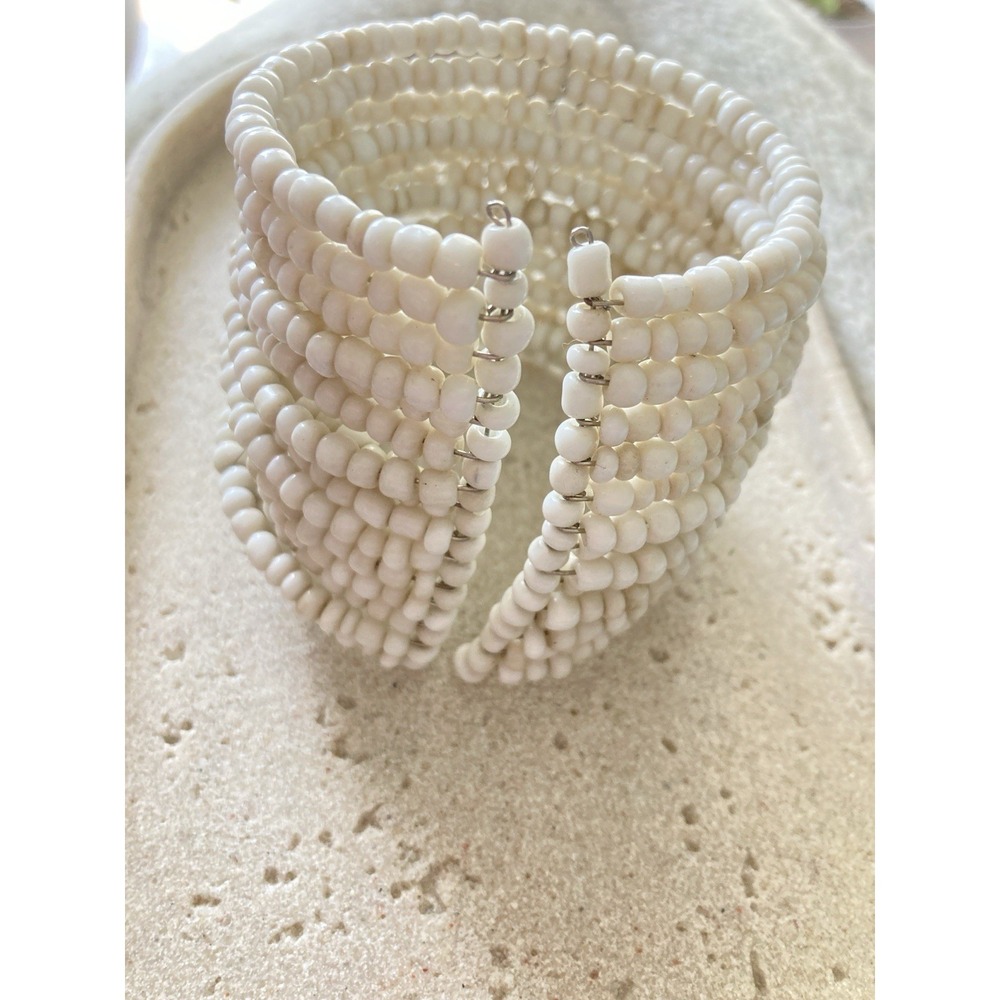 White Seed Bead Coil Wrap Bracelet Memory Wire Multi Row Boho Statement Chunky